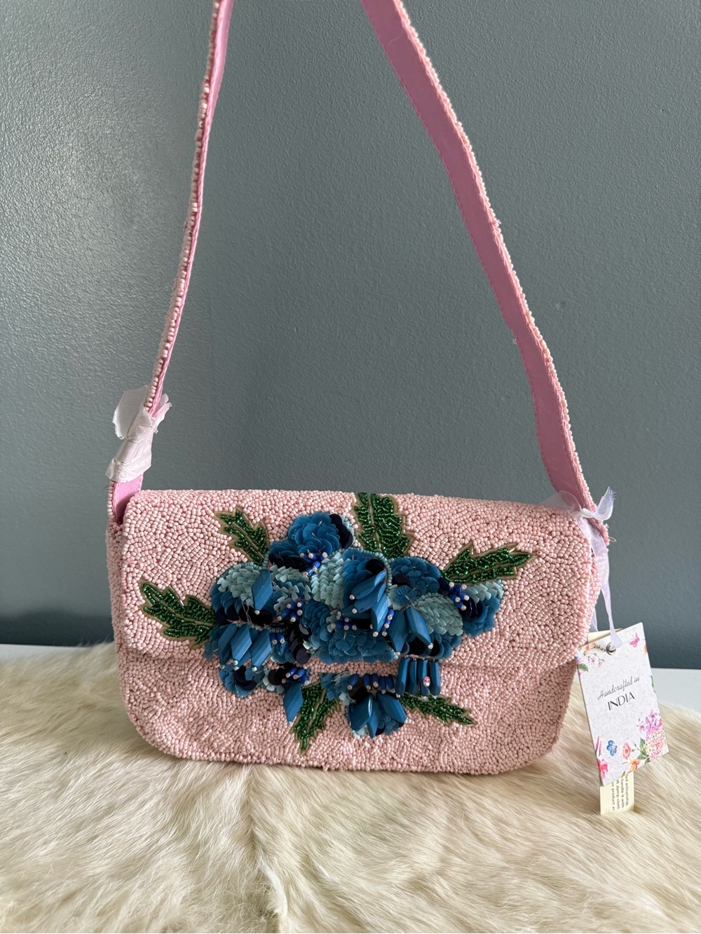 India Hydrangea Pink Beaded Bag